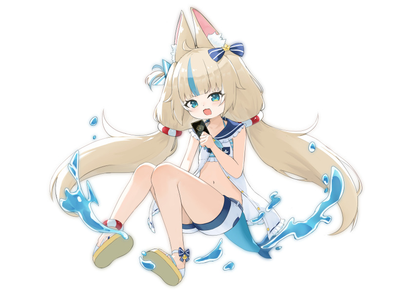 1girl absurdres animal_ear_fluff animal_ears bikini blonde_hair blue_bikini blue_eyes breasts camus_(luthfancamus) card cat_ears dress feet fins fish_girl fish_tail highres holding holding_card indie_virtual_youtuber long_hair low_twintails multicolored_hair navel open_clothes open_dress open_mouth sameko_saba sandals short_shorts shorts sleeveless sleeveless_dress small_breasts smile solo stomach streaked_hair striped_bikini striped_clothes swimsuit tail thighs twintails unbuttoned virtual_youtuber water white_dress white_shorts