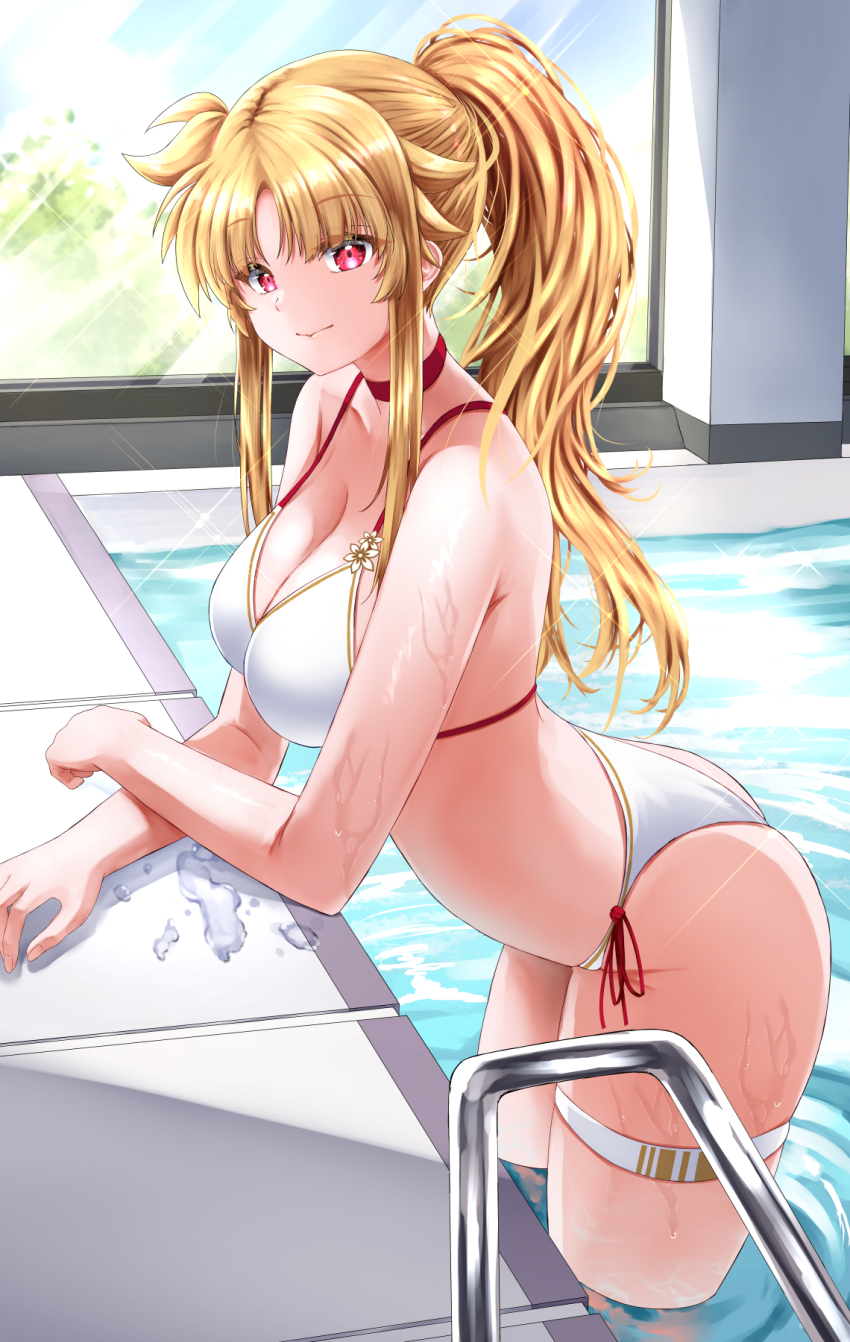 1girl bikini blonde_hair blush breasts choker commentary_request fate_testarossa highres indoors large_breasts long_hair looking_at_viewer lyrical_nanoha mahou_shoujo_lyrical_nanoha ponytail poolside red_choker red_eyes side-tie_bikini_bottom smile solo sougetsu_izuki swimsuit thigh_strap