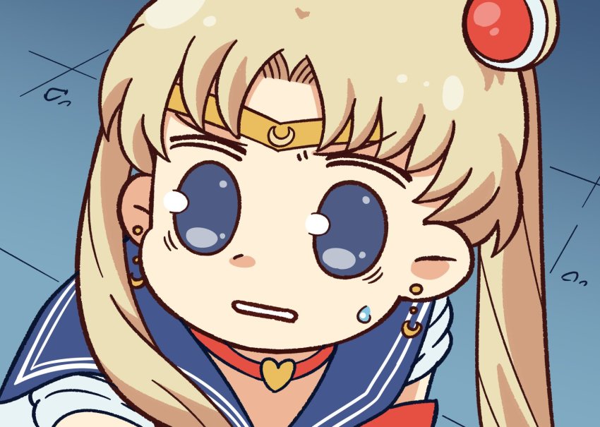 1girl bad_id bad_twitter_id bishoujo_senshi_sailor_moon bishoujo_senshi_sailor_moon_s blonde_hair blue_background blue_eyes blue_sailor_collar bow bowtie chibi choker crescent crescent_earrings derivative_work earrings female_focus from_side hair_ornament heart heart_choker highres jewelry meme parted_bangs parted_lips red_bow red_bowtie red_choker sailor_collar sailor_moon sailor_moon_redraw_challenge_(meme) school_uniform screenshot_redraw serafuku solo sweatdrop tiara tsukigi tsukino_usagi twintails upper_body wide-eyed