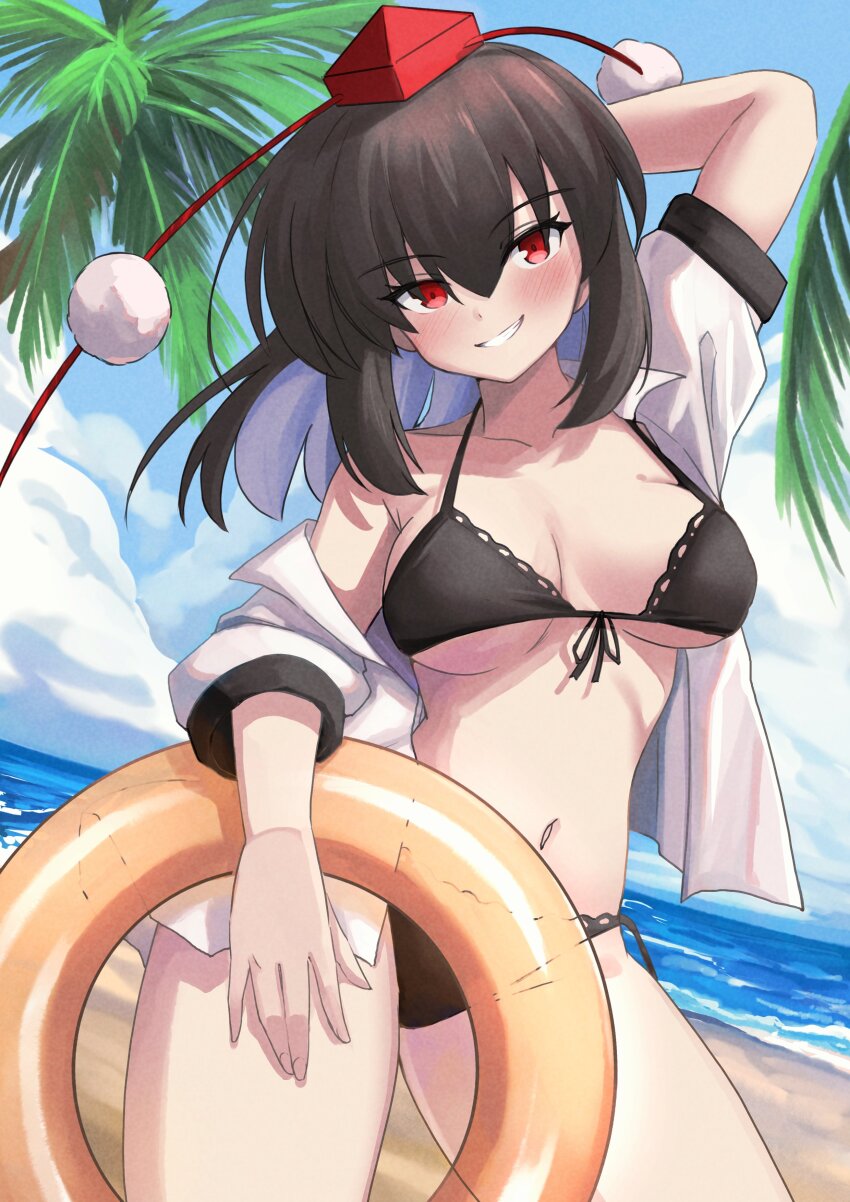 1girl absurdres bare_shoulders beach bikini black_bikini black_hair blue_sky breasts cloud collarbone collared_shirt contrapposto day front-tie_bikini_top front-tie_top hat highres horizon medium_breasts medium_hair navel ocean outdoors palm_tree pom_pom_(clothes) red_eyes red_hat sand shameimaru_aya shirt shirt_slip shore side-tie_bikini_bottom sky solo swim_ring swimsuit touhou tree water white_shirt yuuka_(a0240765)