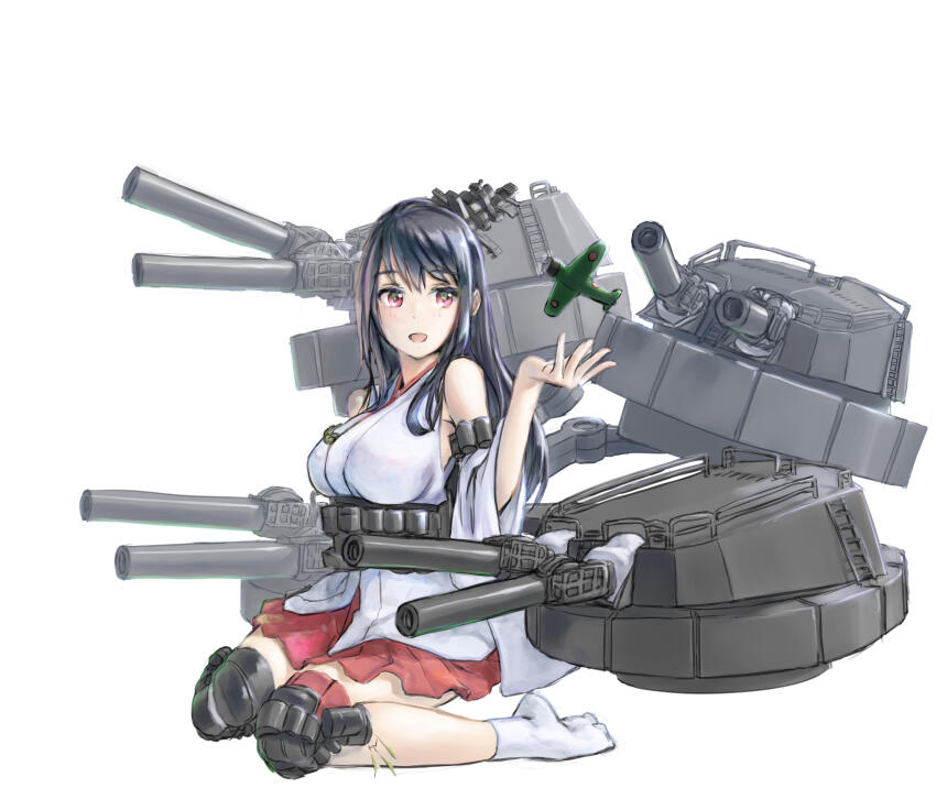 1girl absurdres aircraft airplane black_hair breasts commentary detached_sleeves fusou_(kancolle) hair_ornament headgear highres kangoku_kou kantai_collection large_breasts long_hair open_mouth red_eyes rigging ship_turret simple_background sitting solo white_background white_sleeves wide_sleeves