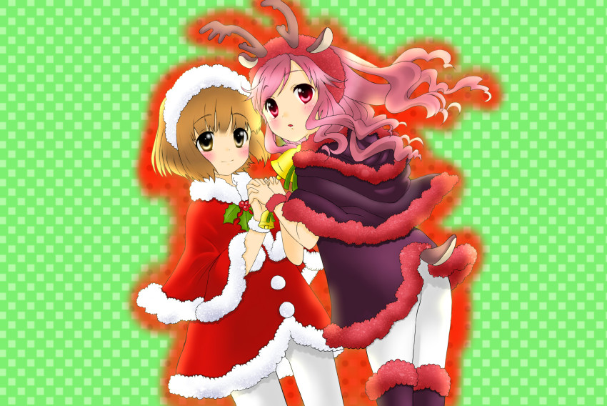 00s 2girls antlers ass bell boots brown_eyes brown_hair highres holding_hands horns kanamemo kujiin_mika long_hair looking_back multiple_girls nakamachi_kana pantyhose pink_hair santa_costume short_hair teiramisu thighhighs white_pantyhose