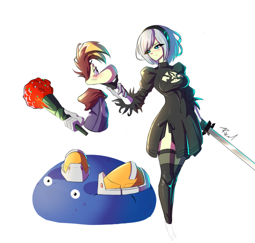 2b_(nier:automata) absurdres arm_behind_back blonde_hair blue_eyes blush breasts cleavage covered_navel crossover flirting flower gloves grey_hair hand_on_another&#039;s_face headband highres large_breasts legs looking_at_another nier:automata nier_(series) rayman rose short_hair smile sword thighs weapon