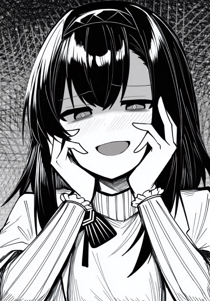 1girl arknights blush crazy_smile diamond-shaped_pupils diamond_(shape) frilled_sleeves frills greyscale hairband hands_on_own_cheeks hands_on_own_face highres long_sleeves looking_at_viewer makigirisu medium_hair monochrome open_mouth priestess_(arknights) shaded_face shirt smile solo symbol-shaped_pupils turtleneck turtleneck_shirt upper_body yandere_trance