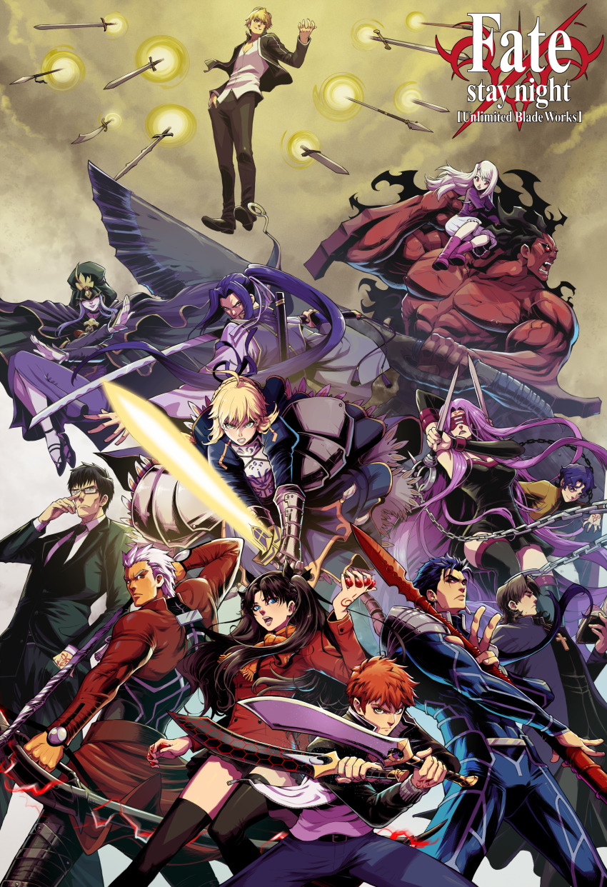 5girls 6+boys absurdres adjusting_eyewear ahoge archer_(fate) armor armored_dress artoria_pendragon_(fate) between_fingers black_dress black_footwear black_hair black_legwear black_suit blindfold blue_bodysuit blue_eyes bodysuit boots capelet chain child colored_skin command_spell commentary copyright_name covered_eyes cropped_jacket cu_chulainn_(fate) cu_chulainn_(fate/stay_night) dagger danusko detached_sleeves dress dual_wielding emiya_shirou english_commentary everyone excalibur_(fate/stay_night) fate/stay_night fate/unlimited_blade_works fate_(series) fighting_stance floating formal_clothes gate_of_babylon_(fate) gauntlets gilgamesh_(fate) glasses glowing glowing_sword glowing_weapon green_eyes heracles_(fate) highres holding holding_polearm holding_spear holding_sword holding_weapon illyasviel_von_einzbern jacket kanshou_&amp;_bakuya_(fate) knife kotomine_kirei long_hair matou_shinji medea_(caster)_(fate) medea_(fate) medusa_(fate) medusa_(rider)_(fate) miniskirt multiple_boys multiple_girls muscular muscular_male orange_hair orange_scarf polearm priest purple_eyes raglan_sleeves red_jacket red_skin saber_(fate) sasaki_kojirou_(fate) scarf short_dress short_hair short_sword skirt spear strapless strapless_dress suit sword thigh_boots thighhighs tohsaka_rin two_side_up very_long_hair weapon white_hair zettai_ryouiki