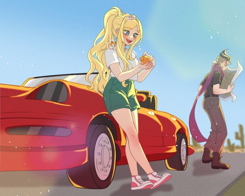 1boy 1girl :d alternate_costume belt black_belt black_shirt black_shorts brown_pants cactus car cham-p dacc_(daccartsy) danganronpa_(series) danganronpa_2:_goodbye_despair day earrings fang green_shorts hamster_on_shoulder jewelry jum-p long_hair maga-g motor_vehicle multicolored_hair no_jacket open_mouth outdoors pants pink_scarf pink_shoes ponytail scarf shirt shirt_tucked_in shoes short_sleeves shorts smile sonia_nevermind sun-d tanaka_gundham two-tone_hair undercut white_footwear white_hair white_shirt