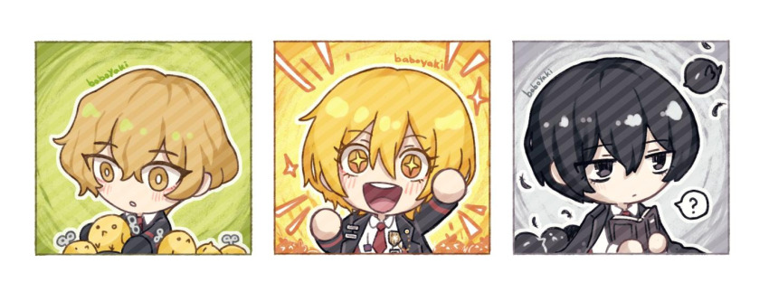1girl 2boys :d :o ? arm_up baboyaki ball_hands bird black_eyes black_hair black_jacket blonde_hair blush book chibi circle_hands collared_shirt don_quixote_(project_moon) expressionless jacket lapels limbus_company long_sleeves multiple_boys necktie no_fingers no_nose open_mouth project_moon red_necktie shirt short_hair sinclair_(project_moon) smile sparkling_eyes spoken_question_mark white_shirt yellow_eyes yi_sang_(project_moon)