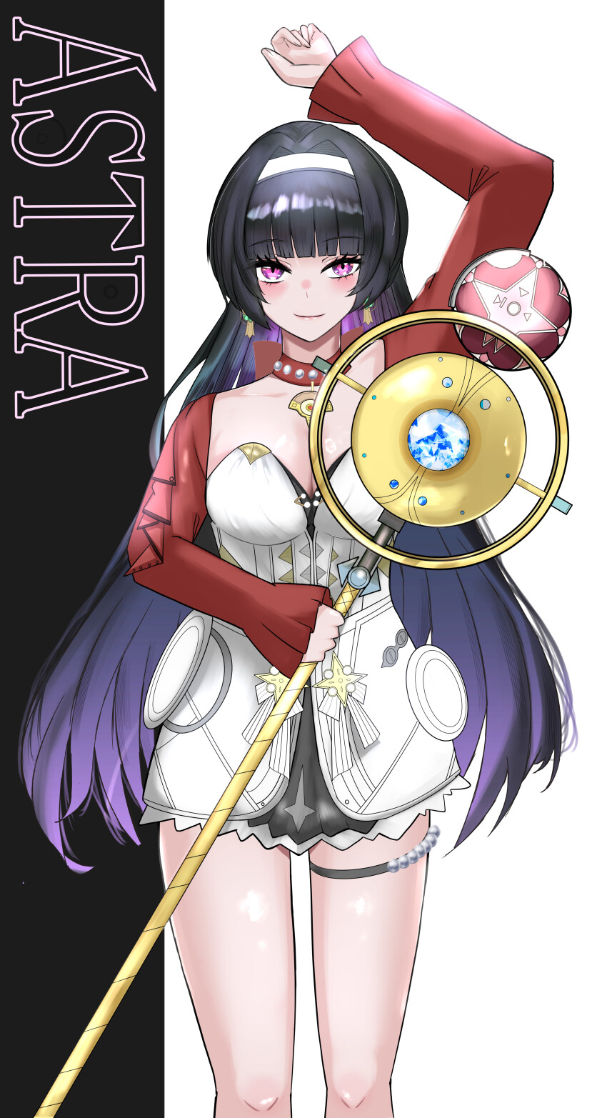 absurdres arms_up astra_yao belt black_hair breasts character_name cleavage hairband highres leg_belt looking_at_viewer maoha red_eyes staff thigh_belt thigh_strap zenless_zone_zero