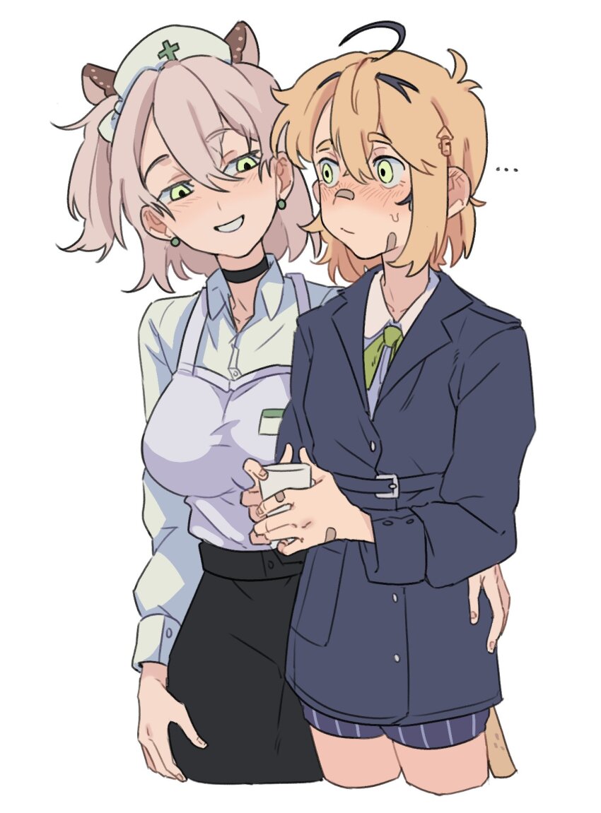 2girls addendium ahoge animal_ears apron bandaid bandaid_on_face bandaid_on_hand black_choker blonde_hair blush choker cup dooby_(vtuber) green_eyes hat highres indie_virtual_youtuber long_sleeves medium_hair multiple_girls nimi_nightmare nurse_cap one_side_up short_hair simple_background sweat tail tapir_ears tapir_girl virtual_youtuber white_apron white_background
