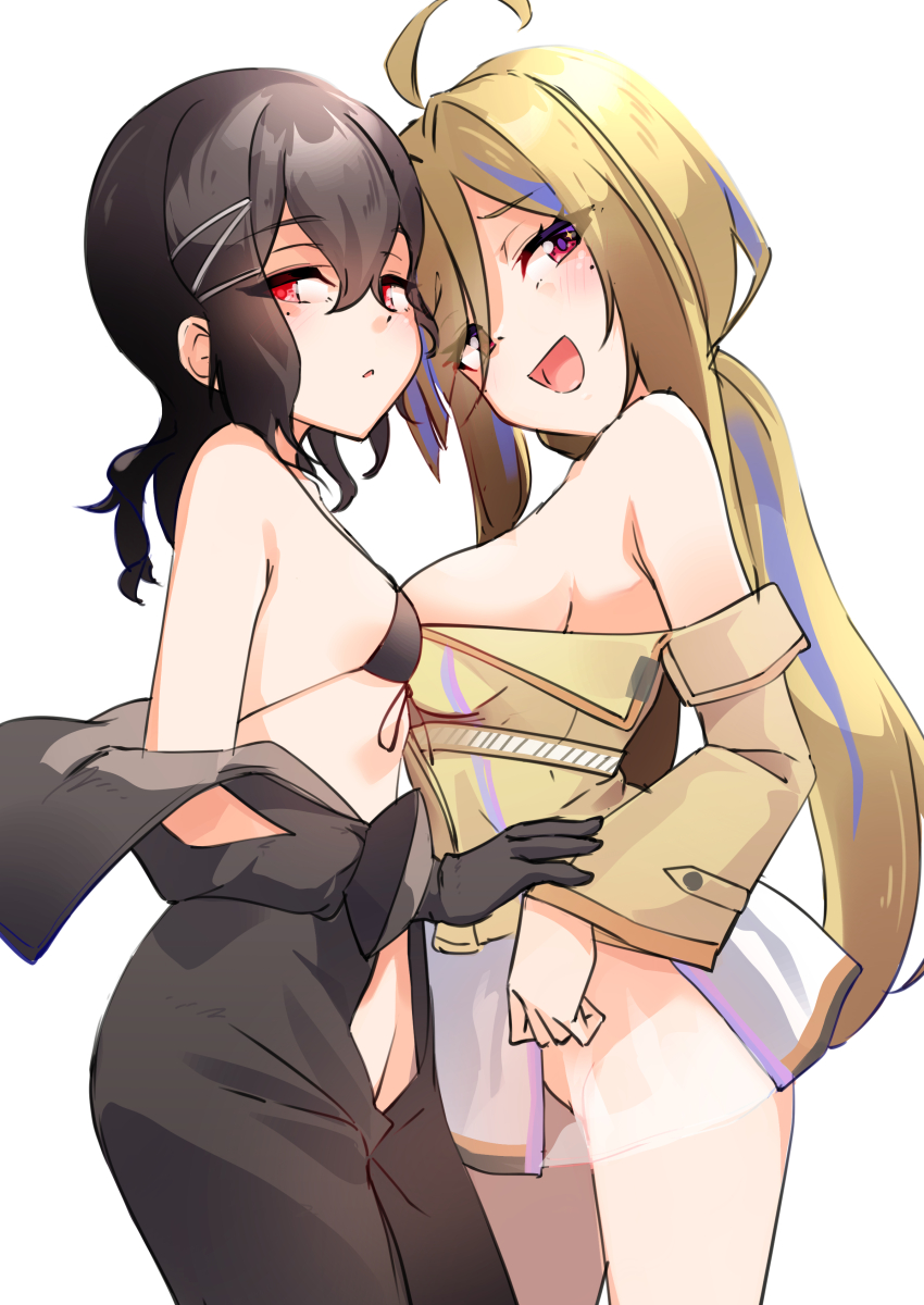 2girls absurdres ahoge asymmetrical_docking bare_shoulders bikini bikini_top_only black_bikini black_gloves blonde_hair blue_hair breast_press breasts brown_hair commentary_request cowboy_shot from_side girls&#039;_frontline girls&#039;_frontline_neural_cloud gloves hair_between_eyes hair_ornament hatsuchiri_(neural_cloud) highres jacket large_breasts long_hair looking_at_viewer millau_(neural_cloud) mole mole_under_eye multicolored_hair multiple_girls no_panties off_shoulder open_mouth red_eyes simple_background skirt small_breasts smile streaked_hair swimsuit very_long_hair white_background y_kimisaki