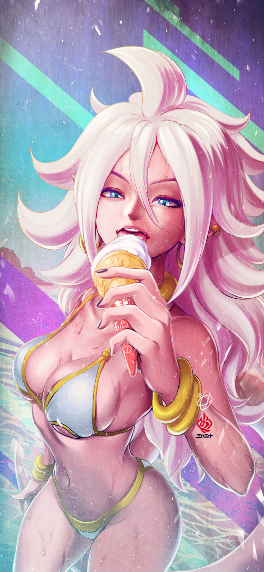 1girl absurdres android_21 bikini blue_eyes bracelet breasts cleavage colored_skin curvy dragon_ball dragon_ball_fighterz earrings female_focus food highres ice_cream jewelry kanchiyo long_hair looking_at_viewer majin_android_21 medium_breasts nail_polish navel pink_skin solo swimsuit tail tongue tongue_out wet white_hair