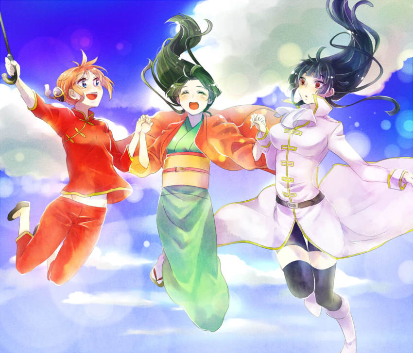 3girls ascot belt black_hair blue_eyes blue_hair blue_legwear blunt_bangs blush breasts bun_cover chinese_clothes cloud female_focus full_body gintama green_kimono hair_ornament haori happy hime_cut holding holding_hands imai_nobume japanese_clothes jumping kagura_(gintama) kimono large_breasts long_hair military military_uniform moyami multiple_girls obi open_mouth orange_hair red_eyes sandals sash short_hair shorts sky small_breasts smile sword thighhighs tokugawa_soyo weapon