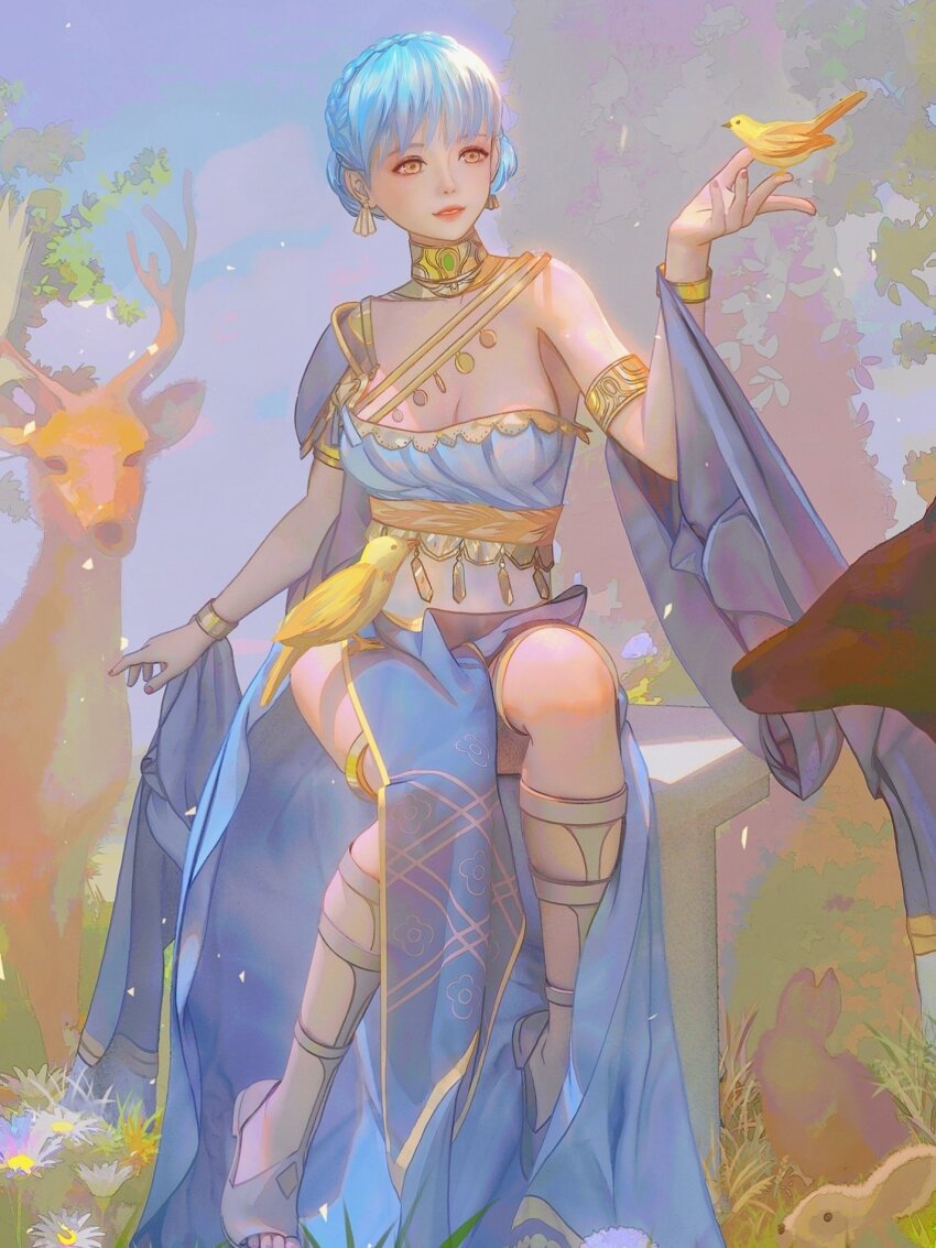 1girl animal armlet bare_shoulders bird blue_dress blue_hair bracelet braid breasts brown_eyes cleavage crown_braid dancer dancer_(fire_emblem:_three_houses) deer dress earrings fire_emblem fire_emblem:_three_houses fire_emblem_heroes gladiator_sandals gold_belt highres irisl jewelry looking_at_viewer marianne_von_edmund marianne_von_edmund_(serene_adherent) marianne_von_edmund_(timeskip) medium_breasts nintendo official_alternate_costume pelvic_curtain rabbit sandals short_hair single-shoulder_dress smile solo thighlet