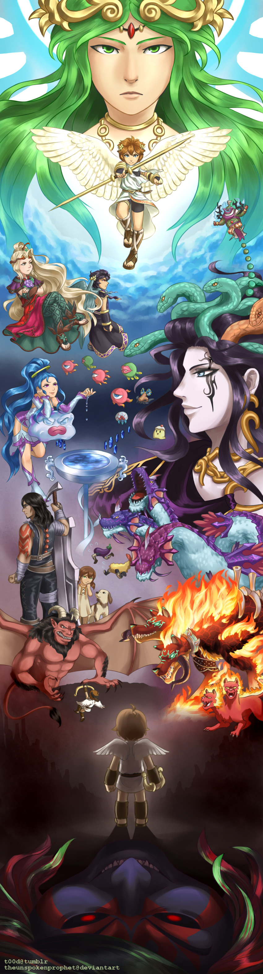6+boys absurdres aiming amazon_pandora angel angel_wings animal_ears arm_tattoo black_hair blonde_hair blue_eyes blue_hair bow_(weapon) character_request check_character colored_skin crossed_arms dark_pit demon_horns demon_wings diadem different_shadow dog dog_(kid_icarus) dog_ears dragon eggplant everyone fangs fire flower food girl_(kid_icarus) green_hair hades_(kid_icarus) hair_flower hair_ornament hewdraw highres holding holding_bow_(weapon) holding_weapon horns kid_icarus kid_icarus_(nes) kid_icarus_of_myths_and_monsters kid_icarus_uprising komayto laurel_crown looking_at_viewer magnus_(kid_icarus) medusa_(kid_icarus) mik_(kid_icarus) monoeye multicolored_hair multiple_boys multiple_persona nintendo one-eyed orcos_(kid_icarus) palutena pandora_(kid_icarus) pit_(kid_icarus) purple_flower red_eyes red_hair red_skin snake_hair souflee specknose standing tattoo tempura thanatos_(kid_icarus) toodlingart twinbellows two-tone_hair viridi weapon wings