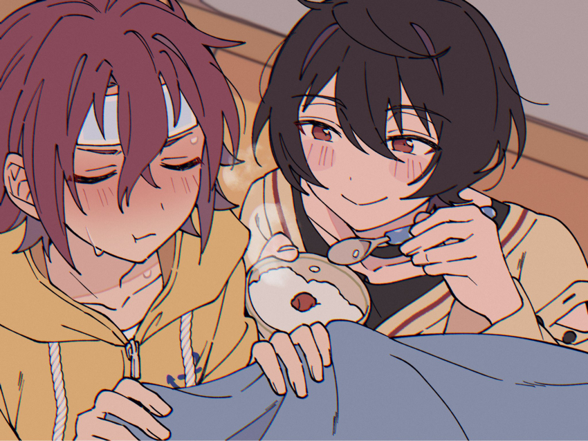 2boys black_choker black_hair black_shirt blanket blush bowl choker closed_eyes collarbone commentary_request crossed_bangs ensemble_stars! feeding hair_between_eyes hair_down highres holding holding_blanket holding_bowl holding_spoon hood hooded_jacket isara_mao jacket long_sleeves looking_at_another male_focus multiple_boys niyororinpayamaru red_eyes red_hair rice sakuma_ritsu shirt short_hair sick smile spoon sweat sweater upper_body yaoi yellow_jacket yellow_sweater zipper