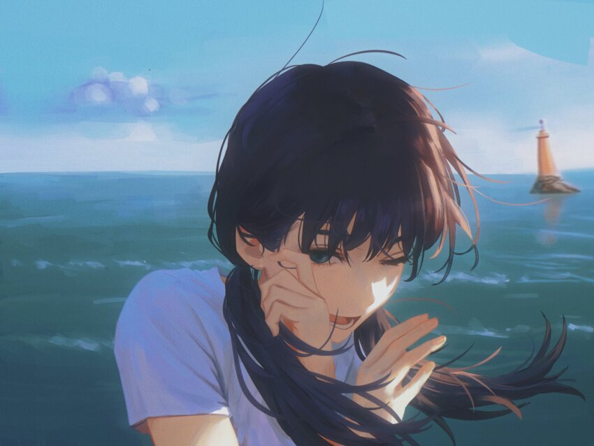 1girl black_hair blue_eyes blue_sky chainsaw_man cloud commentary day english_commentary highres horizon lighthouse long_hair low_twintails lower_teeth_only mitaka_asa ocean one_eye_closed open_mouth outdoors shirt short_sleeves sky solo teeth twintails upper_body water white_shirt yao_liao_wang