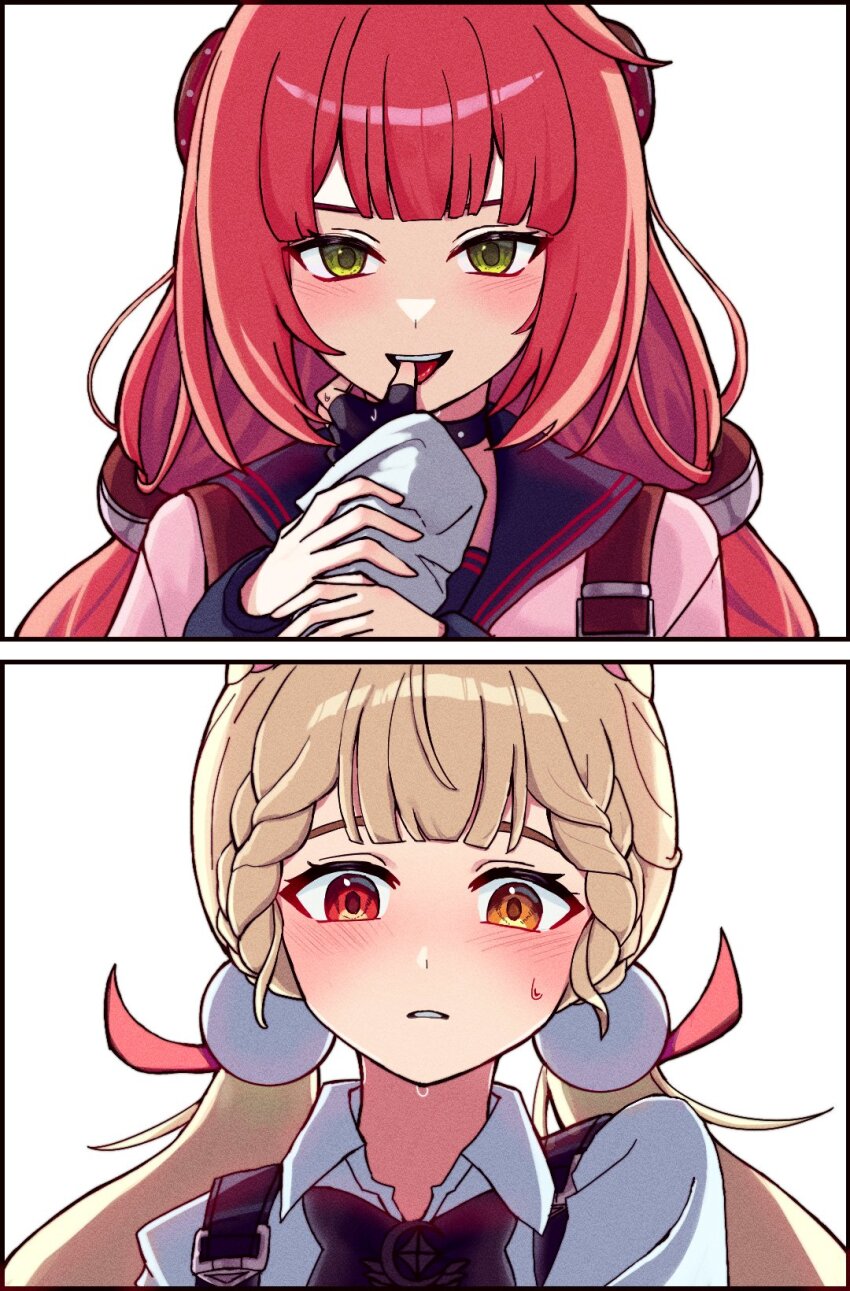 2girls alice_thymefield black_choker black_sailor_collar blonde_hair blush choker collared_shirt es030103010301 finger_in_another&#039;s_mouth fingerless_gloves gloves green_eyes hair_ornament heterochromia highres multiple_girls pom_pom_(clothes) pom_pom_hair_ornament sailor_collar shirt sweatdrop twintails ukinami_yuzuha upper_body white_shirt yuri zenless_zone_zero