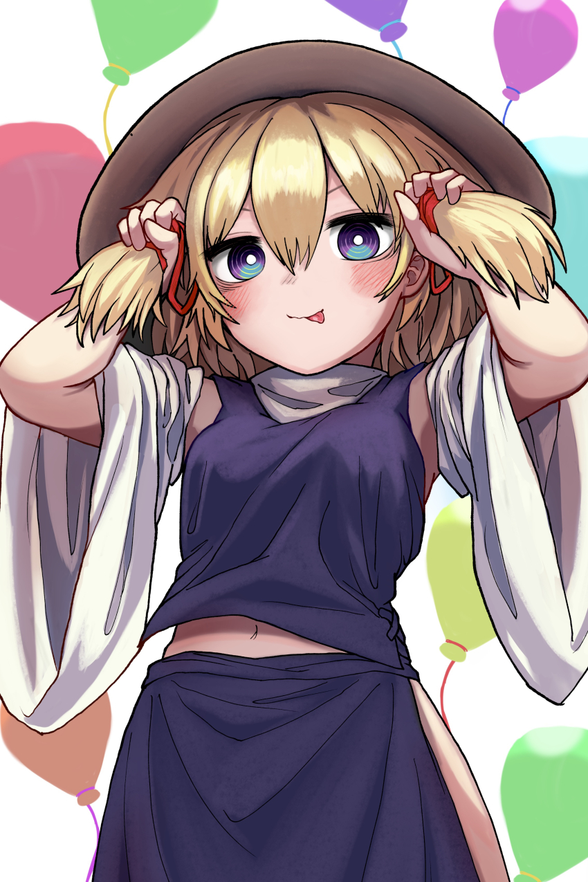 1girl absurdres blonde_hair blue_eyes blush brown_hat closed_mouth hair_between_eyes hair_ribbon hat highres looking_at_viewer moriya_suwako neritch purple_skirt purple_vest red_ribbon ribbon ringed_eyes short_hair skirt smile solo tongue tongue_out touhou tress_ribbon vest white_sleeves wide_sleeves