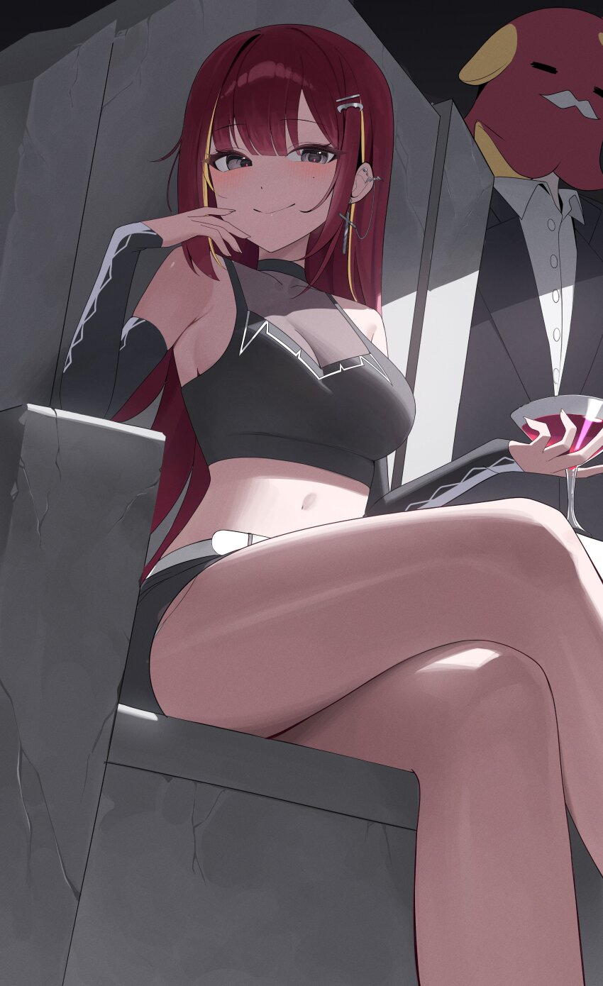 1girl absurdres akane_lize bare_legs bare_shoulders belt black_eyes black_shirt black_shorts breasts cleavage closed_mouth cocktail_glass crop_top cross cross_earrings crossed_legs cup detached_sleeves drinking_glass ear_piercing earrings feet_out_of_frame g_godocbaek hair_ornament hairclip highres holding holding_cup jewelry large_breasts long_hair looking_at_viewer midriff mole mole_on_cheek multicolored_hair pienna_(akane_lize) piercing red_hair see-through_cleavage see-through_clothes shirt short_shorts shorts sitting sleeveless sleeveless_shirt smile solo stellive stomach streaked_hair thighs throne torn_clothes torn_shorts virtual_youtuber