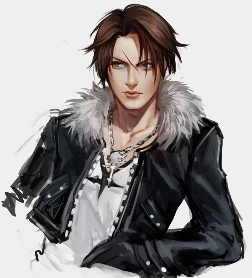 1boy black_jacket blue_eyes brown_hair closed_mouth collarbone commentary cropped_torso english_commentary final_fantasy final_fantasy_viii fur-trimmed_collar fur_trim highres jacket jewelry leather leather_jacket long_sleeves looking_to_the_side male_focus mistermagnolia necklace parted_bangs scar scar_on_face shirt sideways_glance simple_background squall_leonhart unfinished upper_body v-neck white_background white_fur