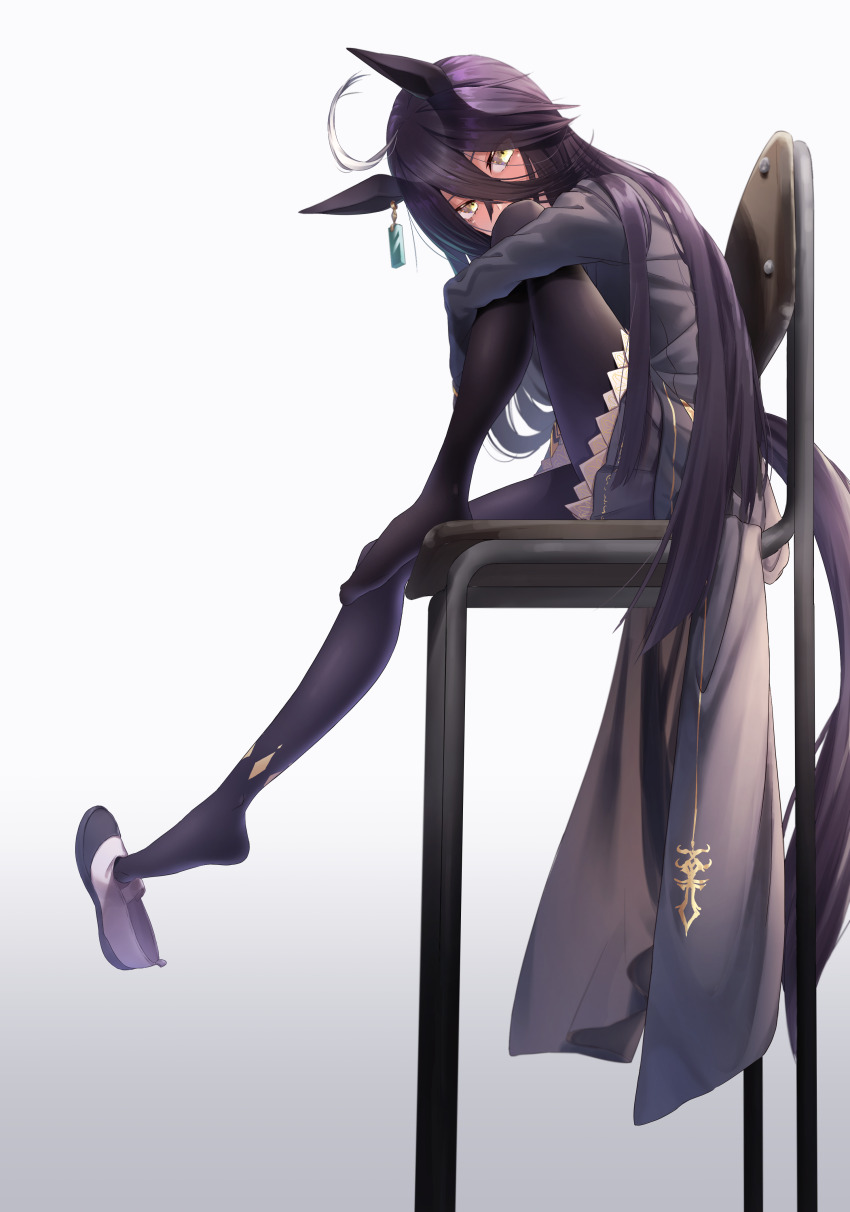 1girl absurdres ahoge animal_ears black_coat black_hair black_pantyhose black_skirt chair coat earrings grey_background hair_between_eyes highres horse_ears horse_girl horse_tail jewelry knee_up long_hair manhattan_cafe_(umamusume) multicolored_hair pantyhose reo-illust4696 single_earring sitting skirt solo tail two-tone_hair umamusume white_background white_hair yellow_eyes
