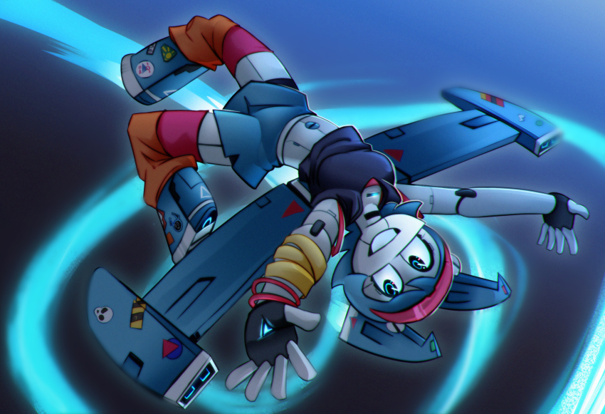 1girl android blue_eyes blue_hair blue_skirt colored_skin fingerless_gloves gloves highres humanoid_robot jenny_wakeman joints leg_warmers mechanical_wings metal_skin my_life_as_a_teenage_robot robot robot_girl robot_joints screw skirt solo twintails user_wvhp3328 white_skin wings