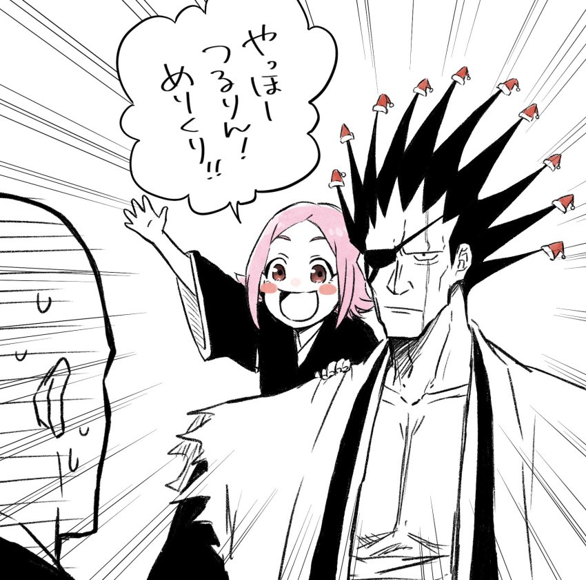 1boy 2boys bald black_hair bleach blush brown_eyes choko_egg hat highres kusajishi_yachiru madarame_ikkaku mini_hat mini_santa_hat multiple_boys open_clothes open_mouth pectorals pink_hair santa_hat spiked_hair sticker sweatdrop translation_request upper_body zaraki_kenpachi