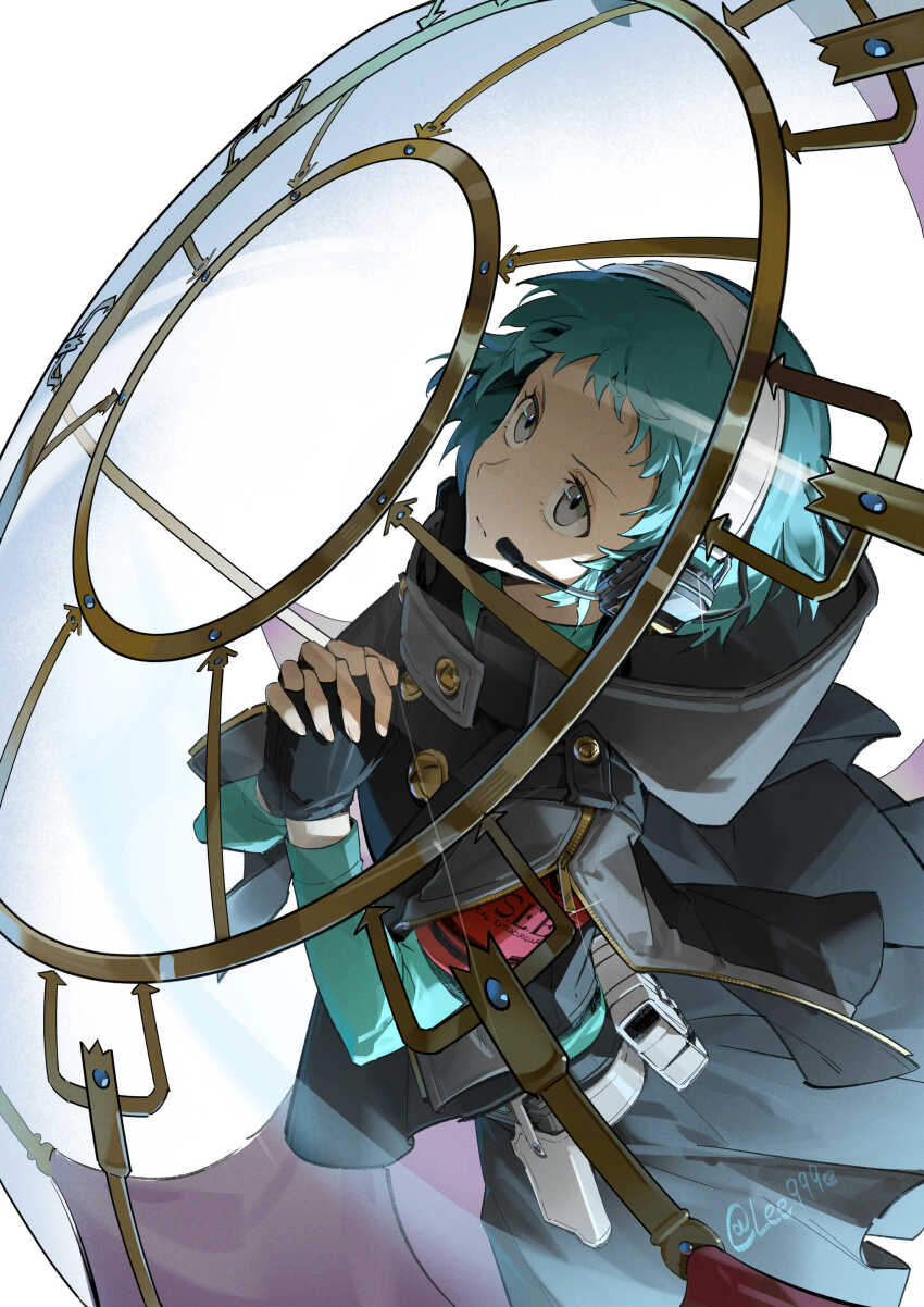 1girl absurdres aqua_hair armband cape evoker fingerless_gloves gekkoukan_high_school_uniform gloves headphones headset highres lee999nine long_sleeves own_hands_clasped own_hands_together persona persona_3 persona_3_reload praying s.e.e.s school_uniform short_hair yamagishi_fuuka