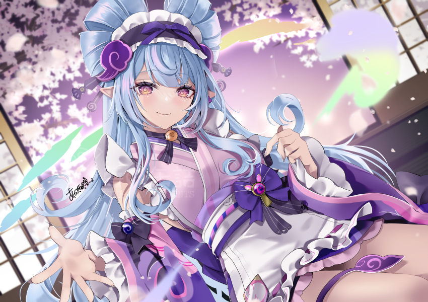 1girl akatsuki_hijiri apron bare_shoulders blue_hair breasts detached_sleeves genshin_impact highres japanese_clothes kimono long_hair looking_at_viewer obi pointy_ears purple_eyes sash smile solo wide_sleeves yumemizuki_mizuki