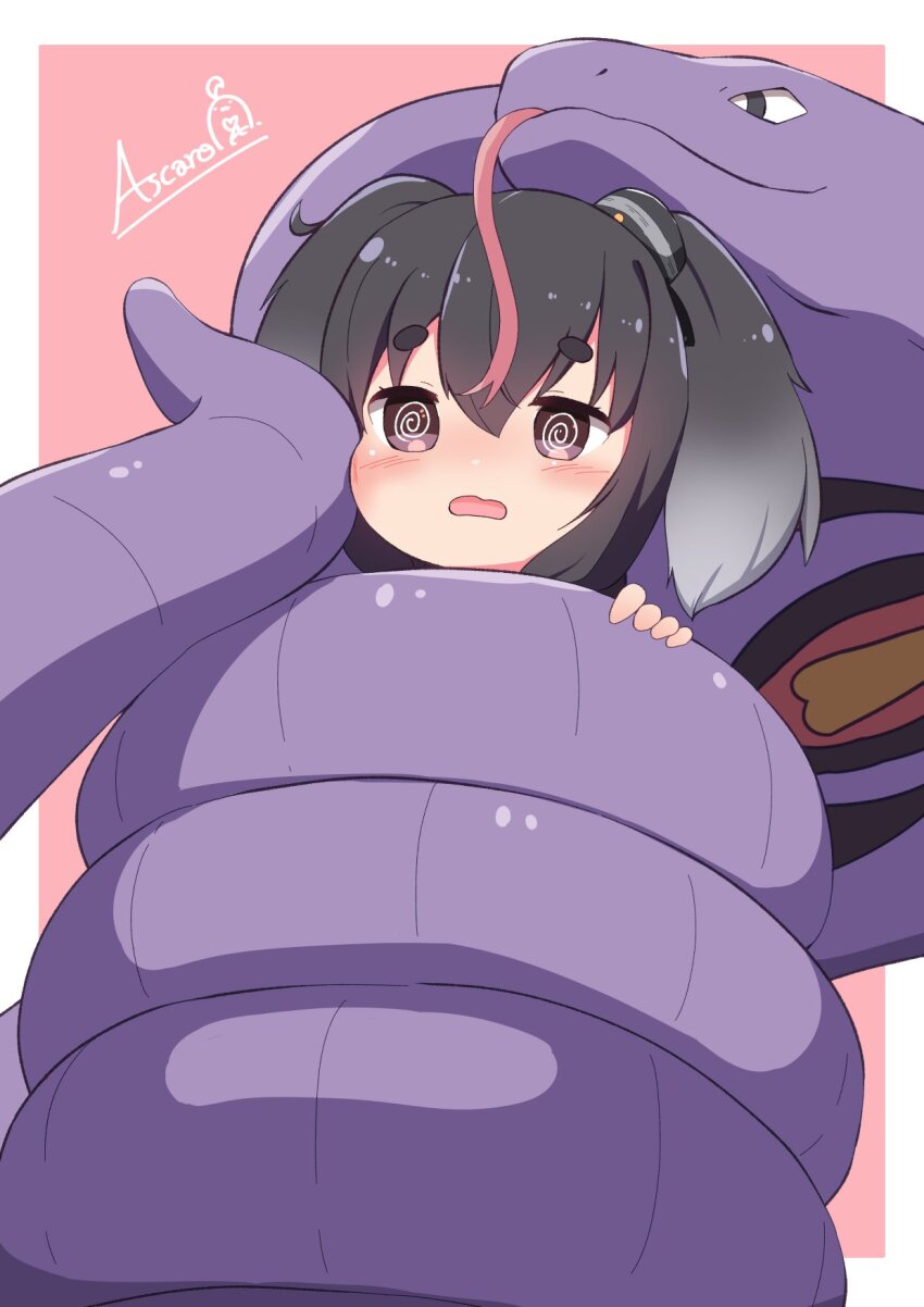 1girl @_@ arbok ascaro black_eyes black_hair blush commentary_request commission constriction crossover forked_tongue gen_1_pokemon gradient_hair grey_hair hair_between_eyes hat highres kantai_collection mini_hat multicolored_hair nintendo open_mouth pokemon pokemon_(creature) signature simple_background skeb_commission tokitsukaze_(kancolle) tongue