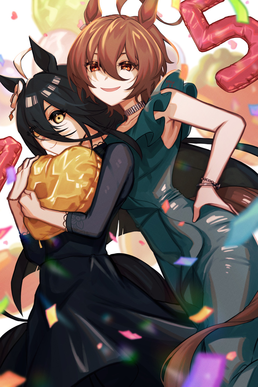 2girls agnes_tachyon_(umamusume) ahoge animal_ears armpits balloon birthday black_dress black_hair brown_hair chemical_structure choker collared_dress dress ear_tag earrings green_dress hair_between_eyes hand_on_own_hip heart_balloon highres holding holding_balloon horse_ears horse_girl horse_tail huge_ahoge jewelry lace-trimmed_collar lace-trimmed_sleeves lace_trim long_bangs long_hair long_hair_between_eyes long_sleeves looking_at_viewer manhattan_cafe_(umamusume) mujintou_png multicolored_hair multiple_girls number_balloon red_eyes short_hair single_earring sleeveless sleeveless_dress smile tail umamusume very_long_hair white_hair yellow_eyes