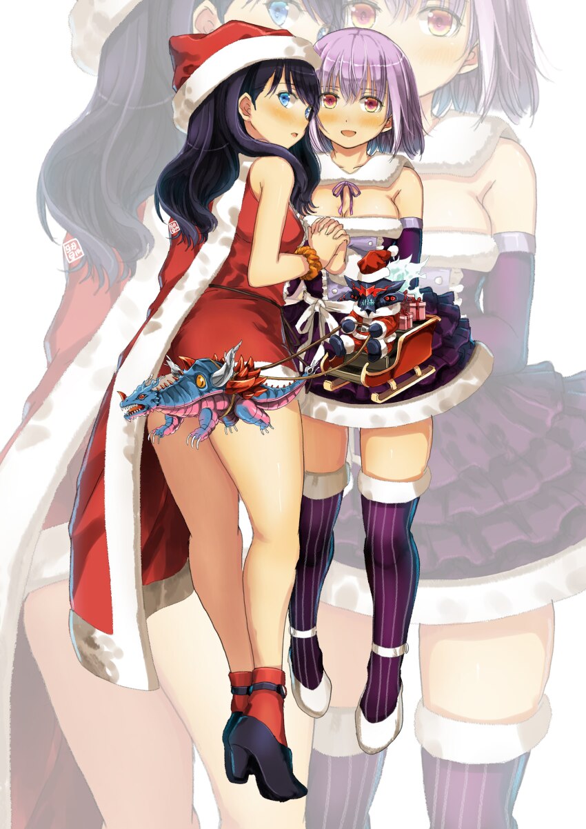 2girls absurdres alexis_kerib black_hair blue_eyes blush dress garimpeiro gridman_universe hat highres long_hair looking_at_viewer multiple_girls orange_eyes purple_hair santa_costume santa_dress santa_hat shinjou_akane short_hair ssss.gridman takarada_rikka