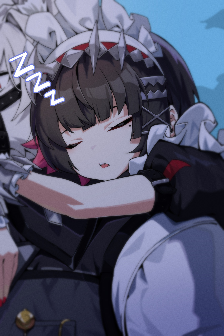 1boy 1girl absurdres arms_around_neck black_hair carrying closed_eyes colored_inner_hair ellen_joe guli_(guli0572) highres maid maid_headdress mole mole_under_eye multicolored_hair piggyback red_hair sleeping solo_focus von_lycaon wolf_boy zenless_zone_zero zzz