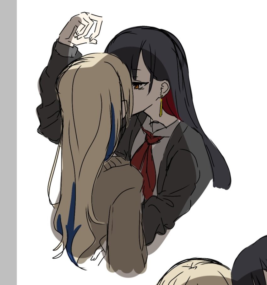2girls azusawa_kohane black_cardigan black_hair blonde_hair blue_hair brown_cardigan cardigan colored_inner_hair earrings jewelry kabedon kiss long_hair multicolored_hair multiple_girls necktie official_alternate_costume official_alternate_hair_length official_alternate_hairstyle project_sekai red_eyes red_hair red_necktie shiraishi_an shirt simple_background streaked_hair whip_the_wimp_girl!!_(project_sekai) white_background white_shirt ykkt_0911 yuri