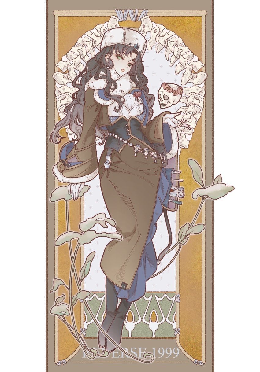 1girl art_nouveau badge black_boots black_hair boots border brown_background brown_border brown_jacket brown_skirt copyright_name curly_hair fingerless_gloves full_body fur_hat fur_scarf gloves green_eyes hand_up hat high-waist_skirt highres jacket long_hair long_skirt looking_at_viewer moldir_(reverse:1999) open_clothes open_jacket open_mouth papakha pencil_skirt plant reverse:1999 scarf skirt skull solo standing sweater white_gloves white_hat white_scarf white_sweater ya_(witchroy)