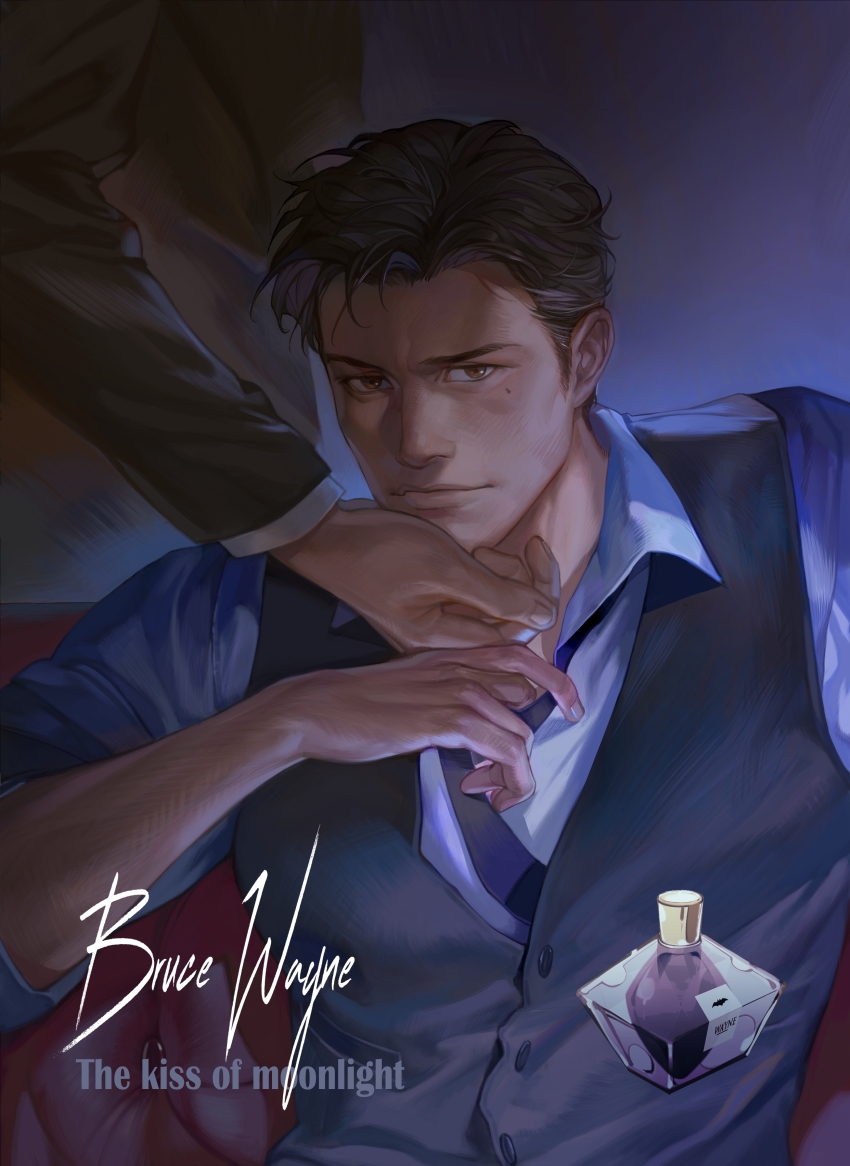 2boys absurdres batman_(series) black_hair black_vest bottle bruce_wayne character_name closed_mouth collared_shirt cosmetics dc_comics highres looking_at_viewer male_focus multiple_boys necktie perfume_(cosmetics) perfume_bottle shirt short_hair sideburns solo_focus tobu_(bilibil) upper_body vest white_shirt