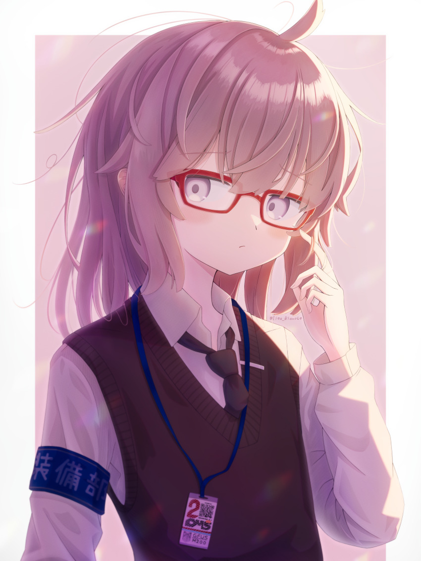 1girl absurdres alternate_costume alternate_hairstyle armband bespectacled black_necktie black_vest blue_armband brown_background brown_hair closed_mouth collared_shirt commentary_request girls&#039;_frontline glasses hand_up highres id_card ilea_blanche long_hair looking_at_viewer m200_(girls&#039;_frontline) necktie red-framed_eyewear shirt simple_background solo upper_body vest white_background white_shirt