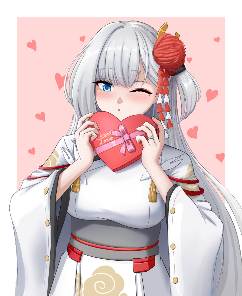 1girl azur_lane blue_eyes blunt_bangs blush box box_of_chocolates chocolate crane_enthusiast flower furisode hair_flower hair_ornament heart heart_background highres japanese_clothes jewelry kimono long_hair mole mole_under_eye ring shoukaku_(azur_lane) solo tsurime valentine very_long_hair wedding_ring white_hair white_kimono