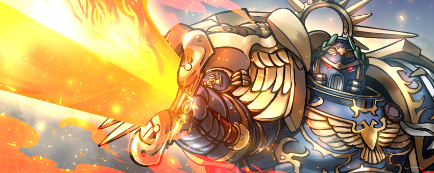 1boy adeptus_astartes aquila_(symbol) armor commentary cross cross_patty english_commentary flaming_sword flaming_weapon gauntlets gold_trim helm helmet highres holding holding_sword holding_weapon jazz_jack laurel_crown light_particles pauldrons roboute_guilliman shoulder_armor solo sword ultramarines upper_body warhammer_40k weapon