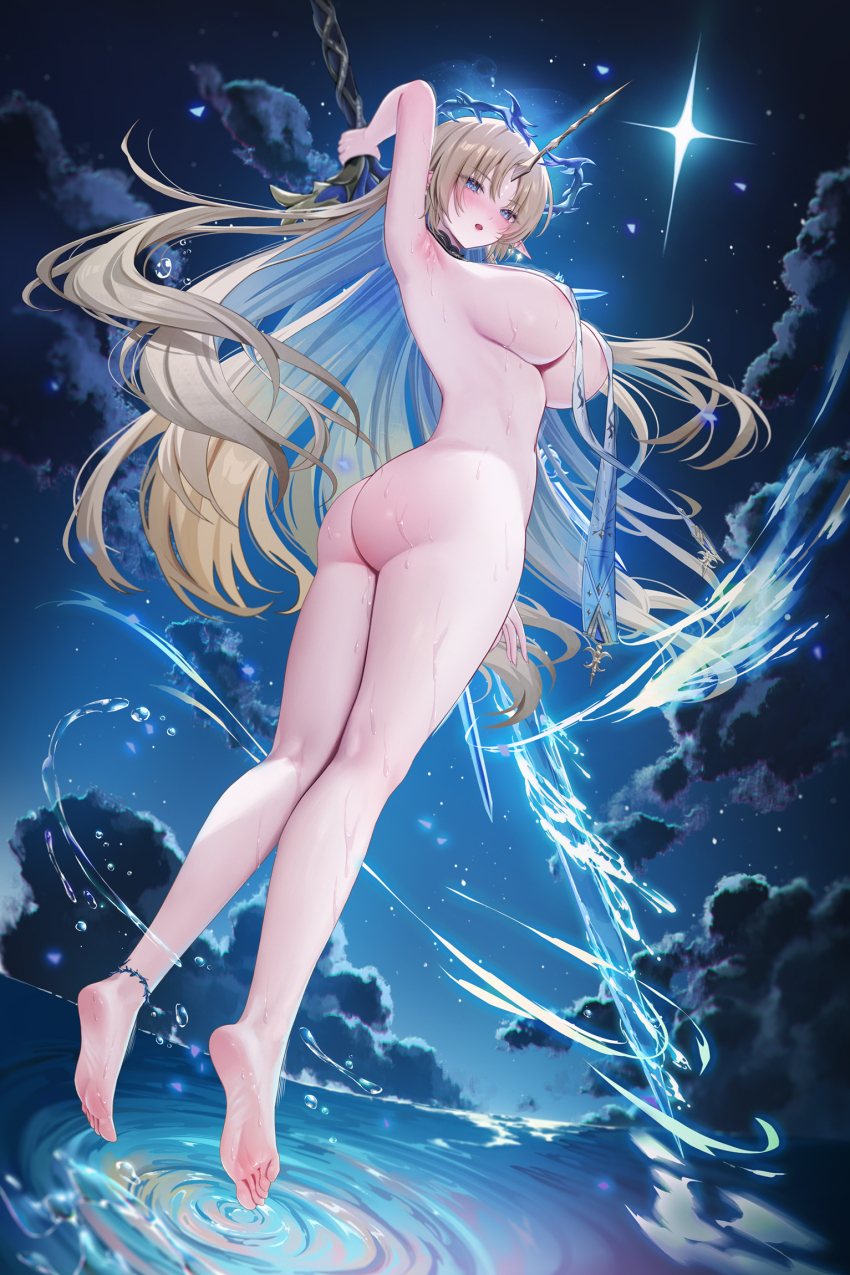 1girl arm_up armpits ass barefoot blonde_hair blue_eyes blue_hair breast_curtains breasts cloud cloudy_sky colored_inner_hair commentary completely_nude crown_of_thorns earrings english_commentary feet fleurdelys_(wuthering_waves) floating_earrings from_behind full_body highres holding holding_sword holding_weapon horns jewelry kneepits large_breasts lichiko long_hair long_horns long_legs looking_at_viewer multicolored_hair night night_sky nude parted_bangs parted_lips pointy_ears revision ripples sidelocks single_horn sky soles solo sword tacet_mark_(wuthering_waves) toes torso_twist very_long_hair weapon wet wuthering_waves yellow_horns