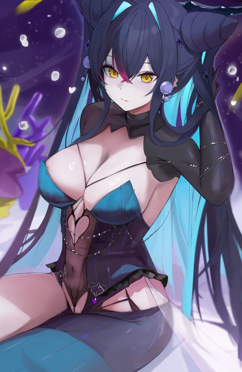 1girl absurdres black_hair breasts cleavage colored_inner_hair covered_navel earrings goddess_of_victory:_nikke green_hair hair_intakes highres jewelry large_breasts little_mermaid_(abyss_flower)_(nikke) little_mermaid_(nikke) long_hair multicolored_hair official_alternate_costume revealing_clothes see-through_clothes shrug_(clothing) sloan_(shakabrah) solo two-tone_hair very_long_hair yellow_eyes