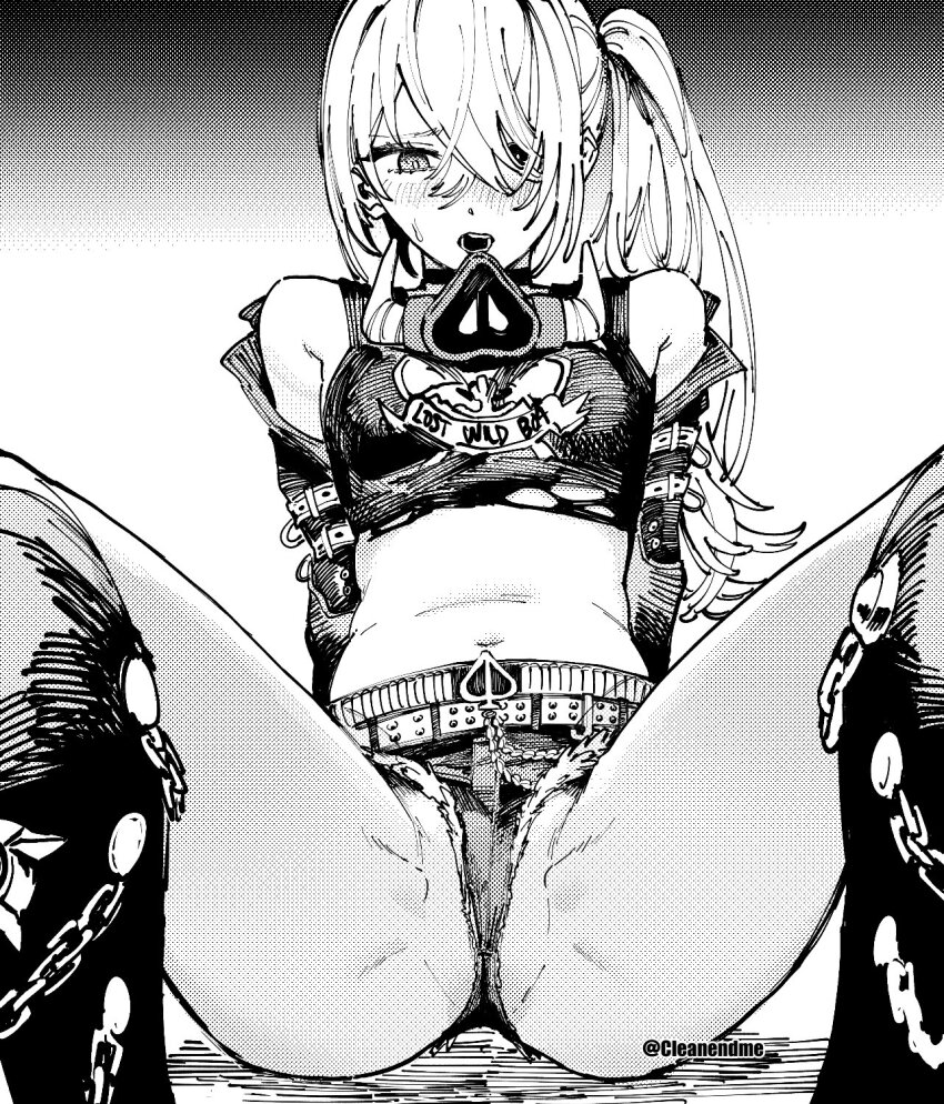 1girl belt boots breasts crop_top eyes_visible_through_hair greyscale hair_between_eyes hair_over_one_eye highres jacket knee_boots light_blush long_hair looking_at_viewer luciana_de_montefio mask mask_around_neck midriff monochrome navel open_mouth otimusyairoha short_shorts shorts side_ponytail simple_background sitting sleeve_belt small_breasts solo spade_(shape) spread_legs sweatdrop thighs twitter_username zenless_zone_zero