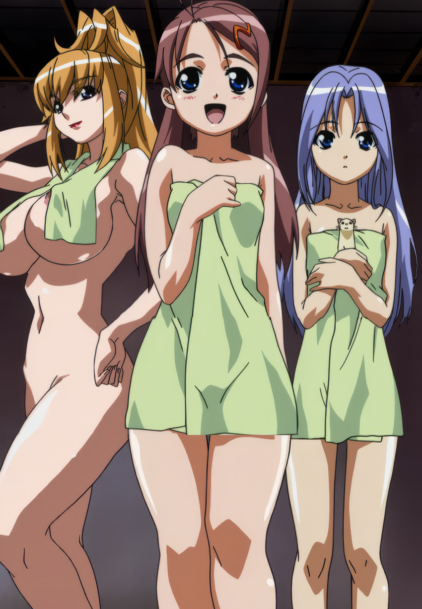 00s 3girls absurdres animal blonde_hair blush breasts brown_hair choujuushin_gravion female_focus ferret gusuku_luna gusuku_runa highres large_breasts leele long_hair masami_obari multiple_girls naked_towel nipples nude onsen open_mouth same-sex_bathing screencap shared_bathing small_breasts smile standing tachibana_mizuki tagme towel towel_over_breasts