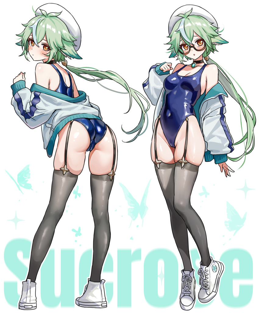 1girl alternate_costume animal_ears ass bare_shoulders blush breasts cameltoe from_behind garter_straps genshin_impact green_hair hat leaning leaning_forward long_hair looking_at_viewer looking_back low_ponytail one-piece_swimsuit ponytail sideboob solo sucrose_(genshin_impact) swimsuit umamipesto very_long_hair