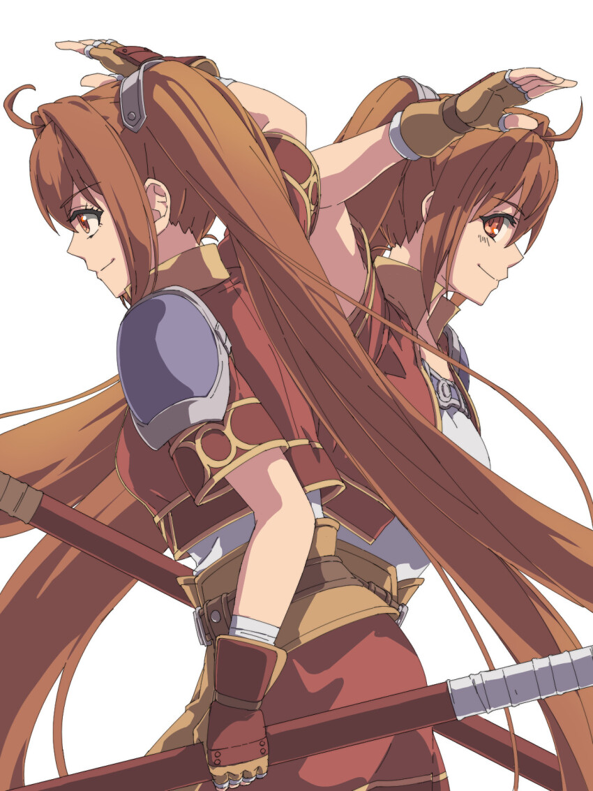1girl ahoge antenna_hair armor brown_hair chiharu_(9654784) cloud cropped_jacket eiyuu_densetsu estelle_bright fingerless_gloves gloves hair_between_eyes highres holding holding_staff holding_weapon long_hair pauldrons red_eyes sen_no_kiseki sen_no_kiseki_(series) sen_no_kiseki_iv shorts shoulder_armor simple_background single_pauldron smile sora_no_kiseki staff twintails very_long_hair weapon white_background