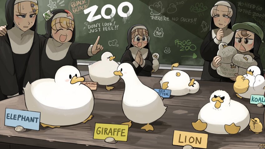 5girls :d baby_animal bird blonde_hair blue_eyes brown_eyes brown_hair chalkboard chicken clumsy_nun_(diva) commentary diva_(hyxpk) duck duckling english_commentary english_text froggy_nun_(diva) glasses glasses_nun_(diva) green_hat grey_hair habit hat highres little_nuns_(diva) mole mole_on_cheek mole_under_mouth multiple_girls nun open_mouth round_eyewear slice_of_life smile smug_nun_(diva) strict_nun_(diva) traditional_nun triangle_mouth