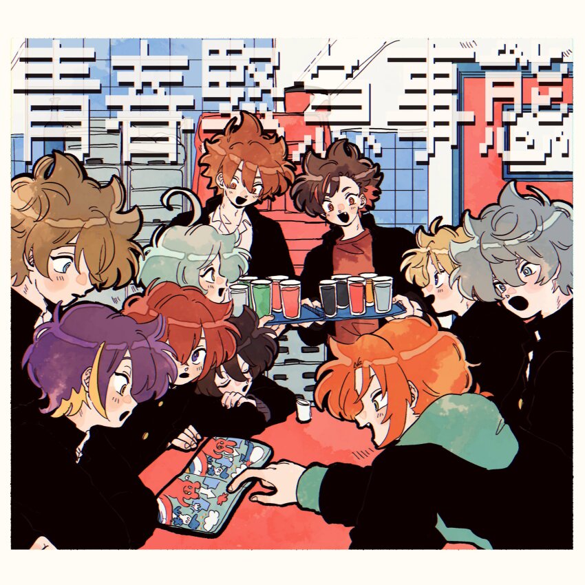 6+boys ahoge aqua_hair black_hair black_jacket blonde_hair brown_hair chokki_01 commentary ensemble_stars! from_side gakuran grey_hair hair_between_eyes highres holding holding_tray index_finger_raised jacket looking_at_another morisawa_chiaki multicolored_hair multiple_boys nagumo_tetora narukami_arashi open_mouth orange_hair parted_bangs purple_hair red_shirt sakuma_ritsu school_uniform sena_izumi_(ensemble_stars!) sengoku_shinobu shinkai_kanata shirt short_hair streaked_hair suou_tsukasa symbol-only_commentary takamine_midori tray tsukinaga_leo upper_body