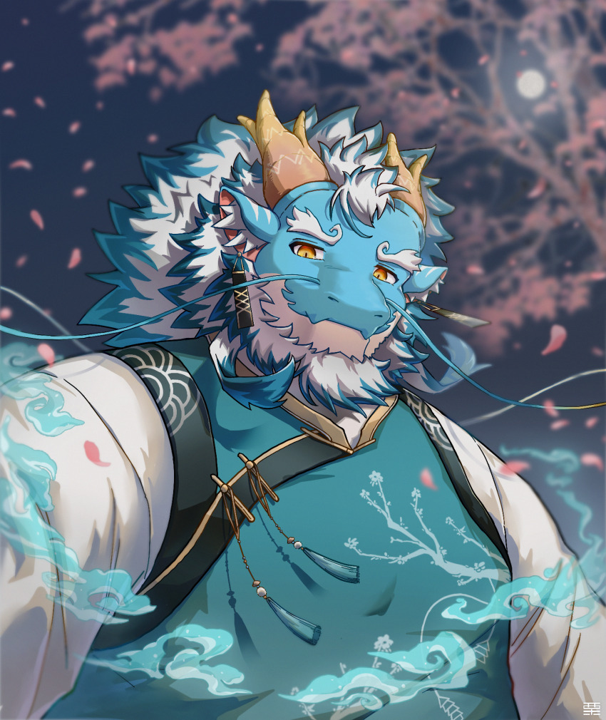 1boy animal_ear_fluff aqua_hair aqua_skin bara beard castaneaf cherry_blossoms chinese_clothes cloud colored_skin dragon_boy dragon_horns facial_hair full_beard furry furry_male highres horns light_smile long_mustache looking_at_viewer male_focus mature_male multicolored_hair mustache prehensile_facial_hair qinglong_(housamo) smile solo thick_beard tokyo_houkago_summoners two-tone_beard two-tone_hair upper_body