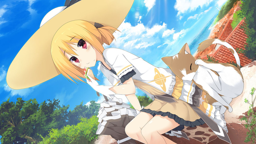 blonde_hair blue_sky blush cardigan cat cloud cloudy_sky dutch_angle eating food frilled_cardigan frilled_skirt frills hat hokkana lighthouse looking_at_viewer original parasol ponytail red_eyes rooftop sandwich short_ponytail short_sleeves sitting skirt sky sun_hat sweden tree umbrella white_cardigan yellow_skirt