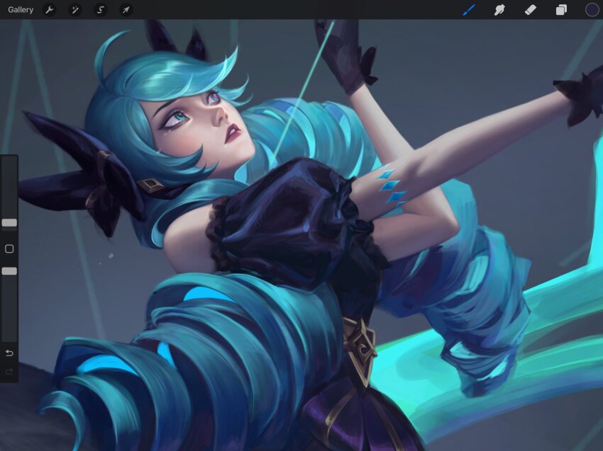 1girl ahoge art_program_in_frame bare_shoulders black_bow black_gloves bow cowboy_shot detached_sleeves gloves green_hair gwen_(league_of_legends) hair_bow highres kgynh league_of_legends looking_up parted_lips pink_eyes puffy_short_sleeves puffy_sleeves red_lips short_sleeves solo swept_bangs teeth unfinished